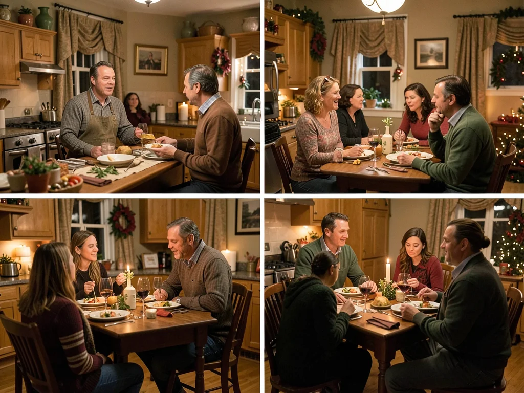 Hoarder's kitchen during holiday dinner party, seven conversations happening, ev