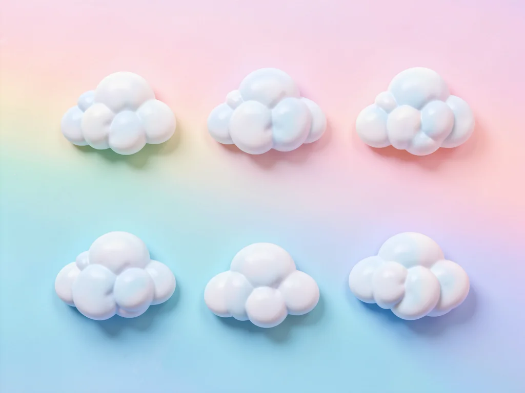 Knolling-style flat-lay of seven cloud-shaped objects arranged on a pastel gradi