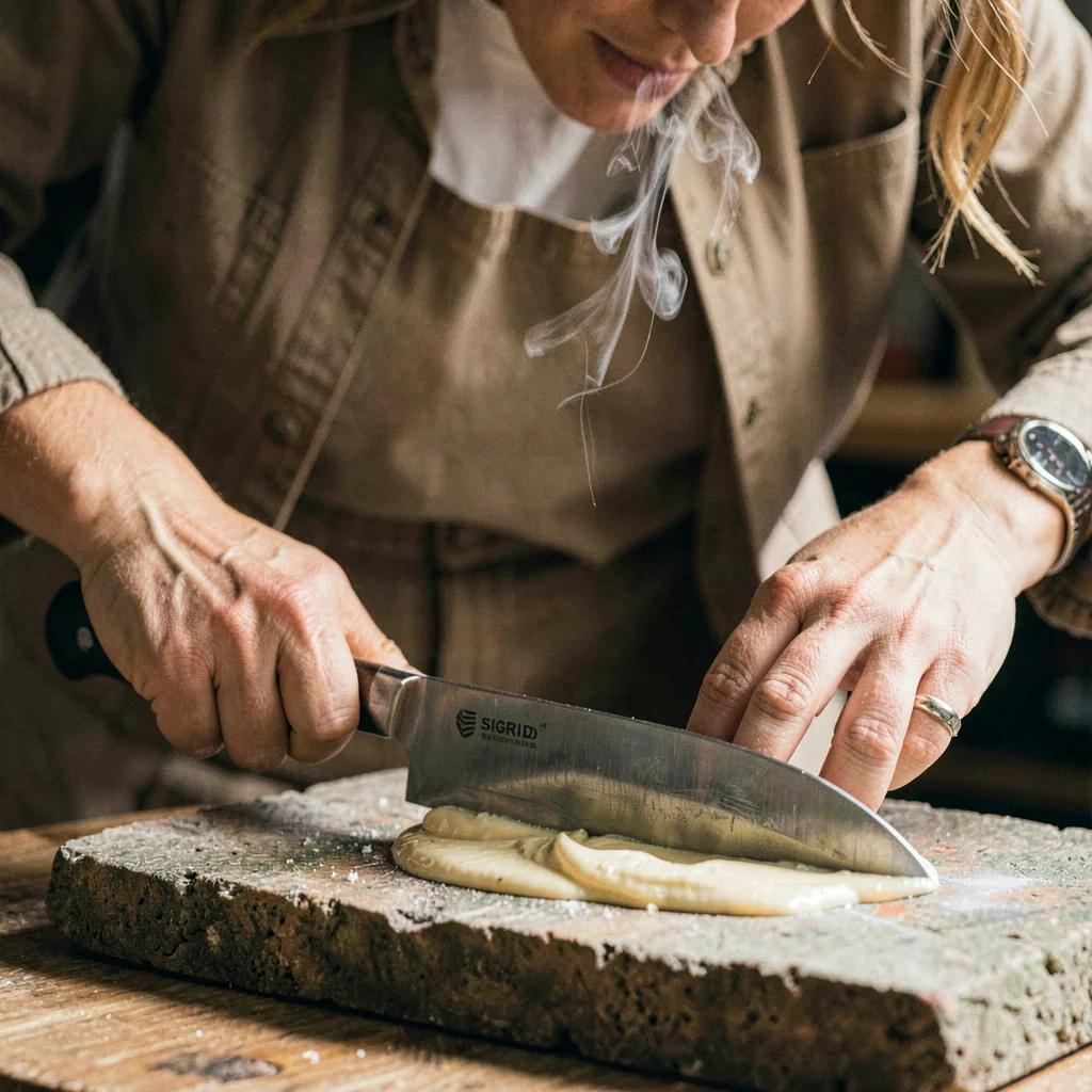 Sigrid-lampline portrait of hands working a chef's knife across a stone with slu