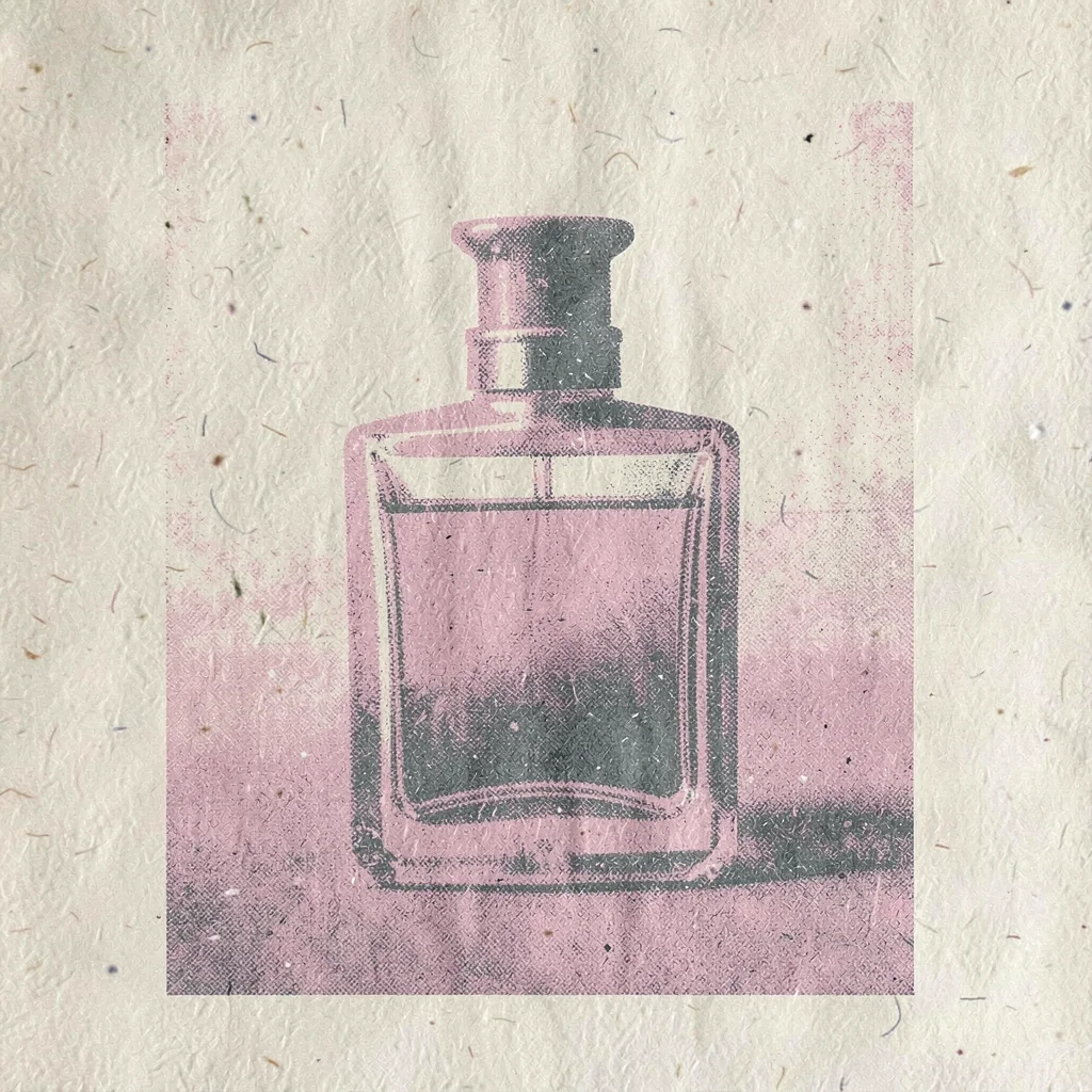 Bram-screenpress poster of a halftone perfume bottle silhouette in pink and slat