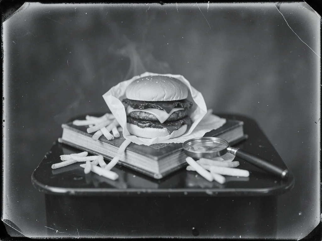 A cheeseburger wrapped in wax paper sitting on an antique book with scattered fr