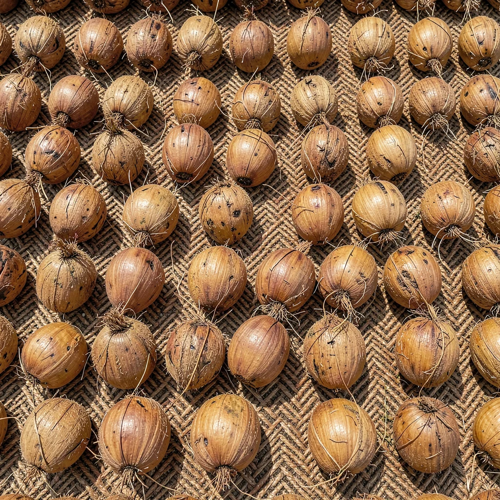 Warm tapa cloth browns and geometric pattern rhythm, Rows of coconuts laid out f