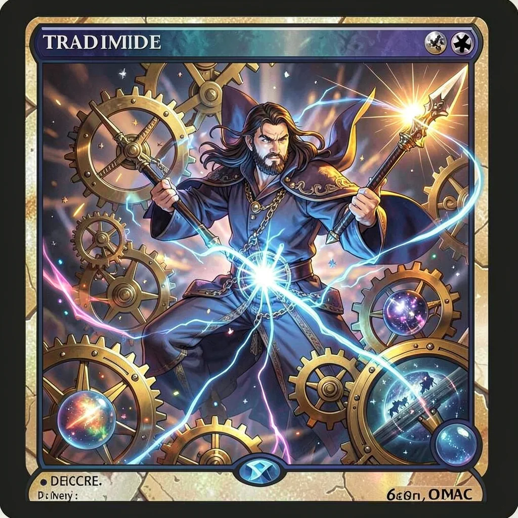 Trading card game illustration, a time mage manipulating clockwork gears and tem