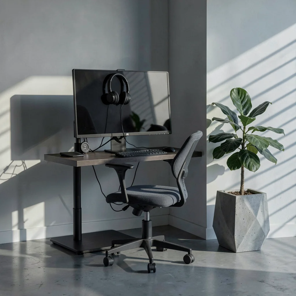 Stark Baltic minimalism, contemplative mood, Headphones hanging on monitor stand