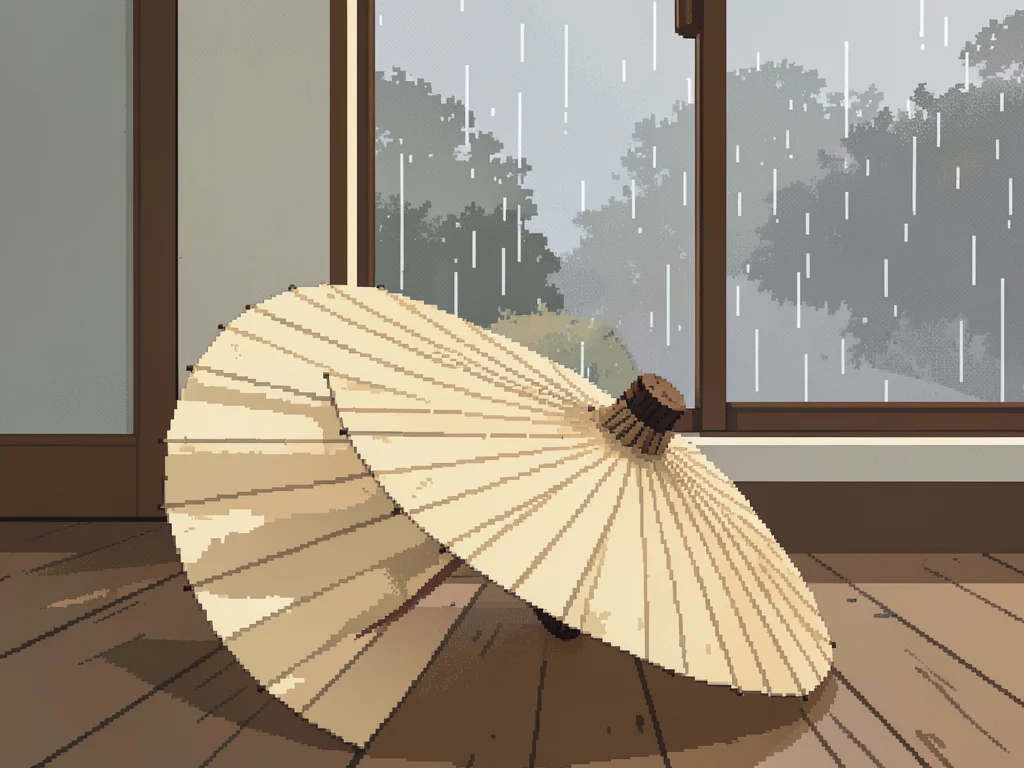 Half-opened rice paper umbrella resting on a wooden floor near a window framing 