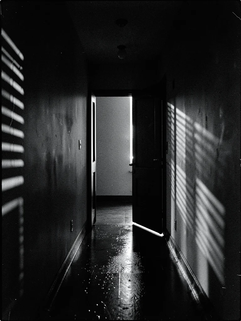 Dark hallway with single door ajar at end, sliver of light, shadow