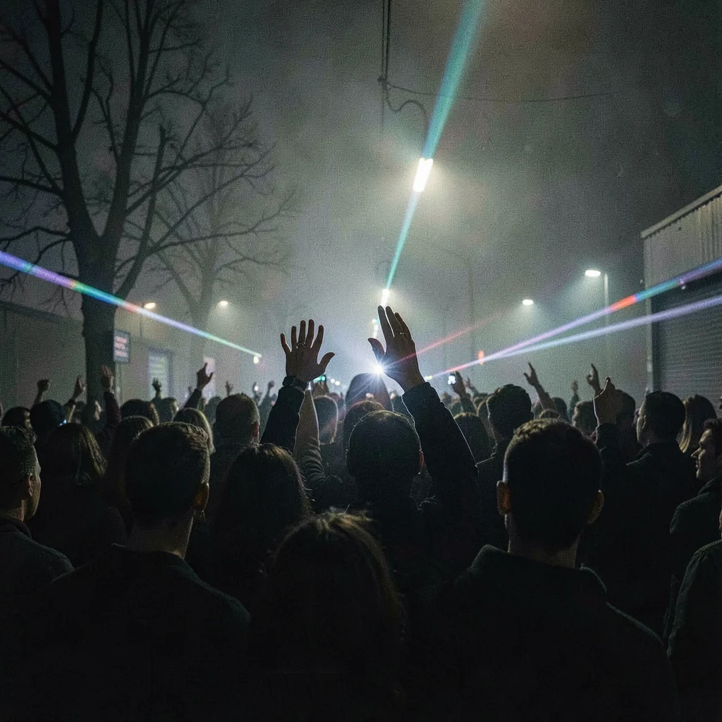 Atmospheric nocturnal frame of strobes flashing across a dark crowd, brief hard 