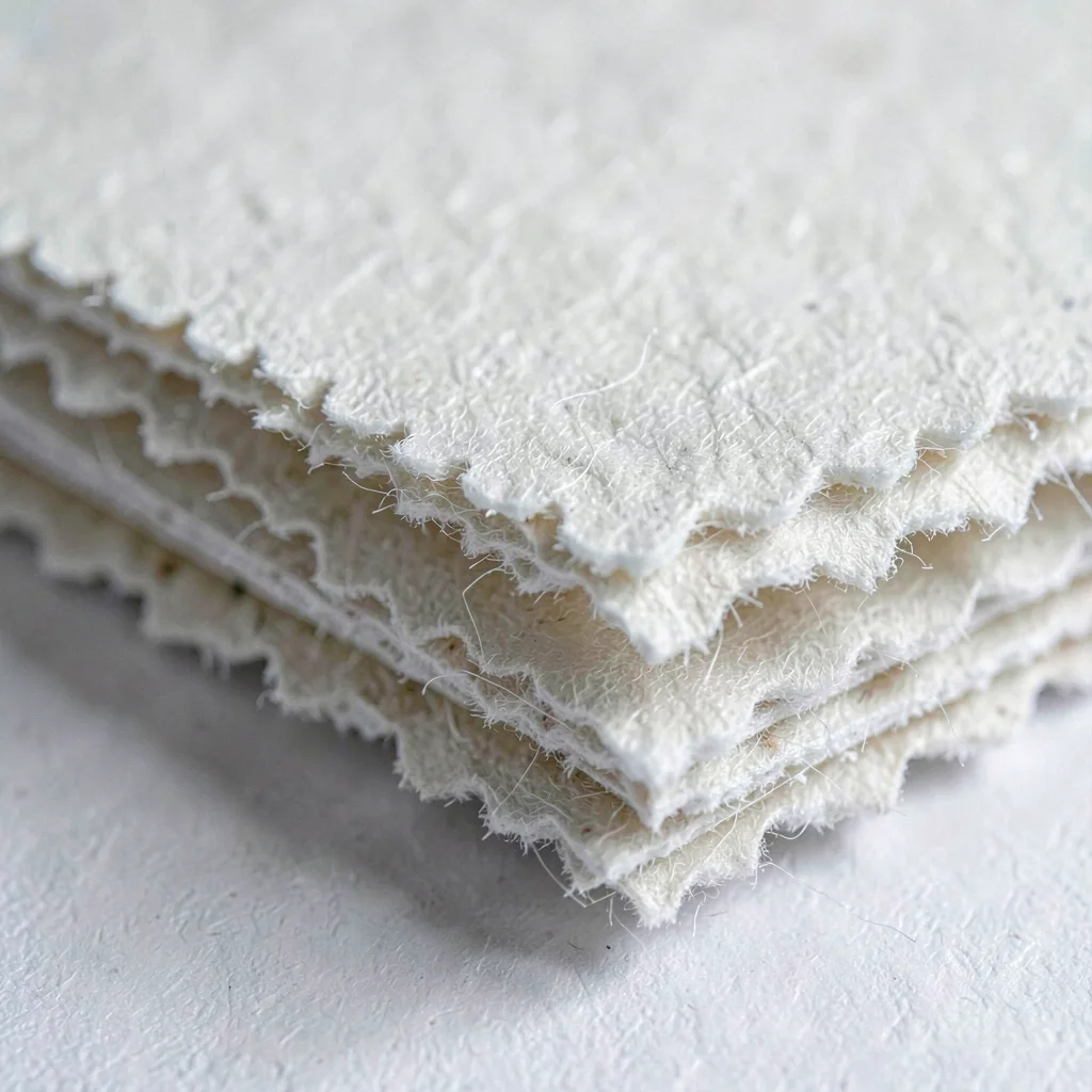 Paper-texture macro of a stack of cotton mat boards with deckled edges, soft too