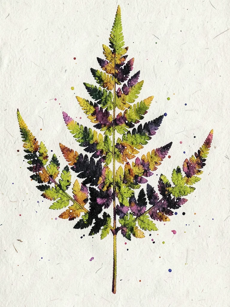 A pressed fern frond arranged full-length on a pale paper background