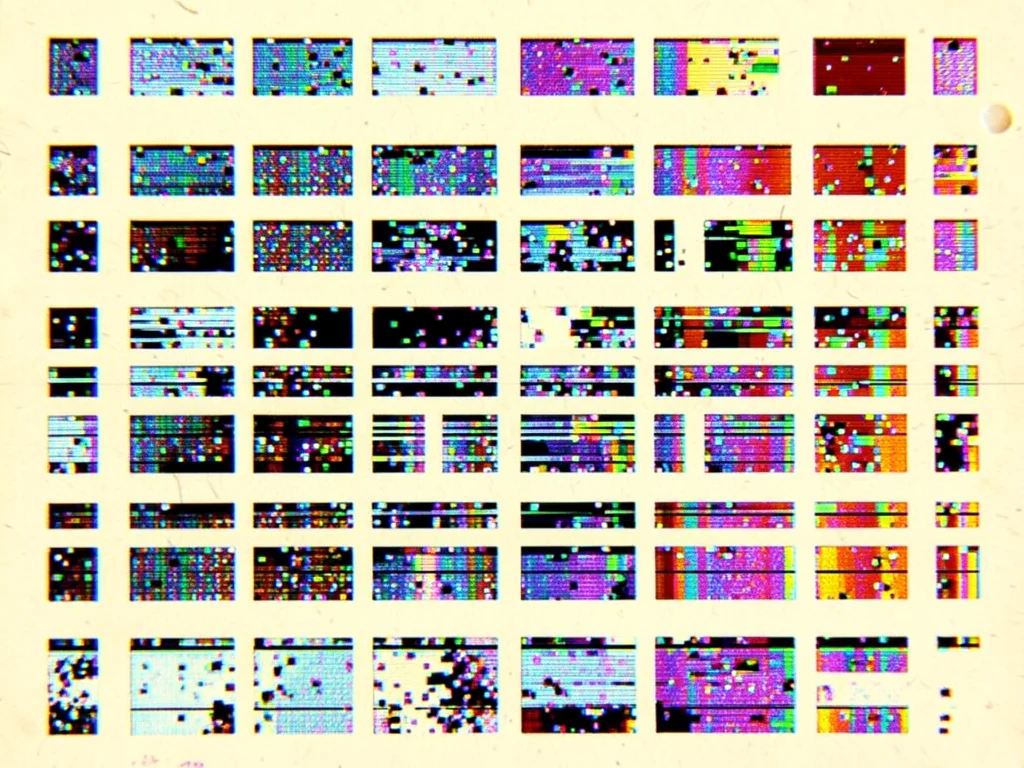 Punch card close-up, rectangular holes in precise grid on cream cardboard