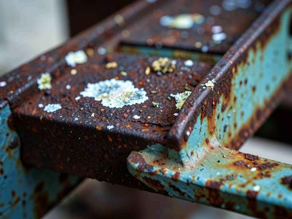 Fire escape ladder rung, rust scale texture with paint remnants