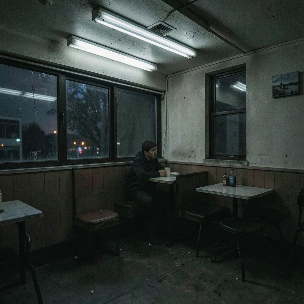 Overnight diner booth with single customer staring out window