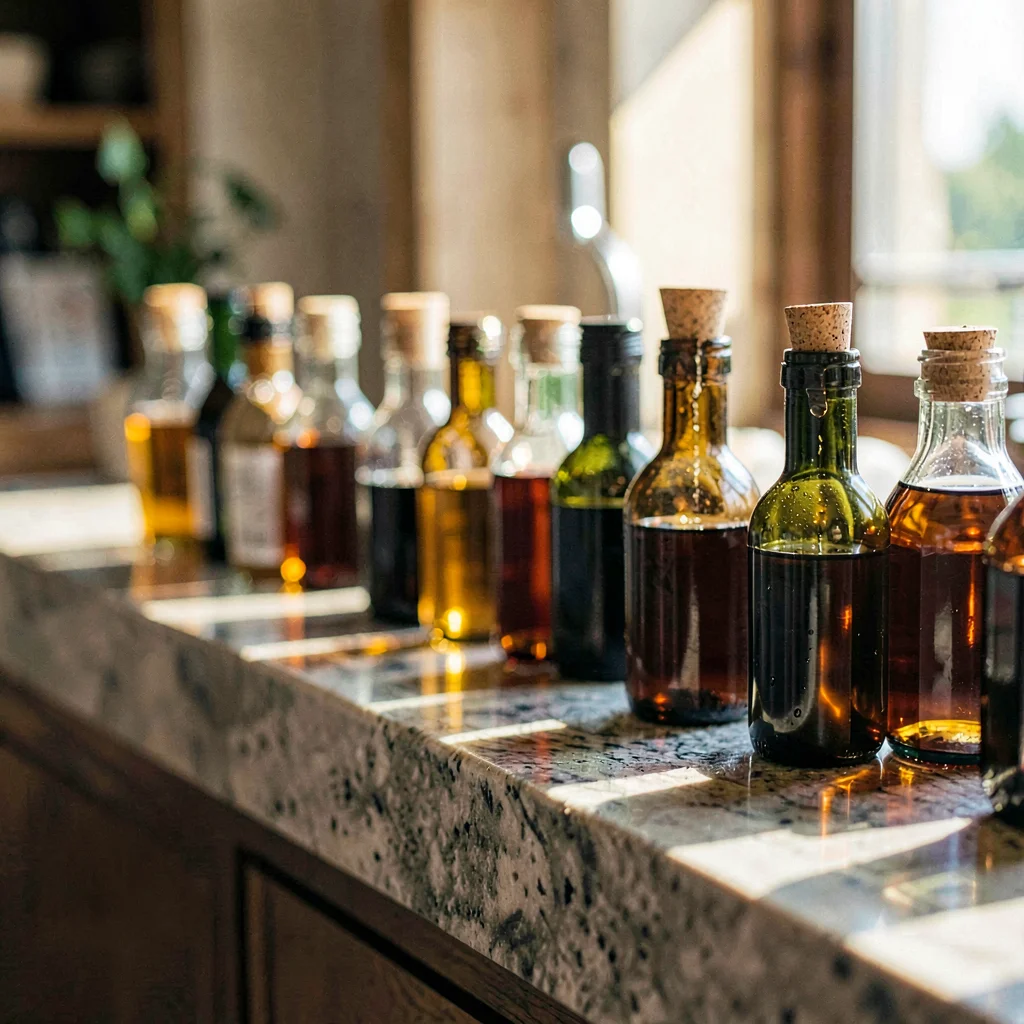 Vertical of a stone counter with a row of bottles being funnel-filled