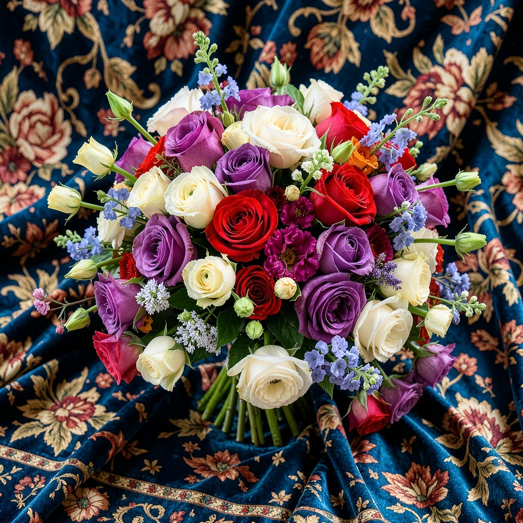 A bridal bouquet overflowing across patterned velvet fabric, every corner filled