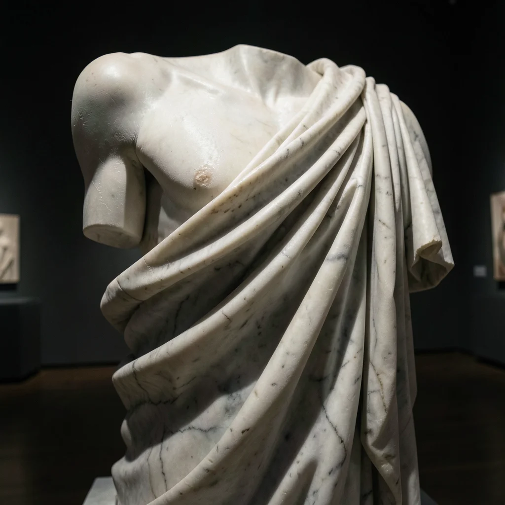 Detail of carved marble drapery: the folds, the pulled tension, the weight of st