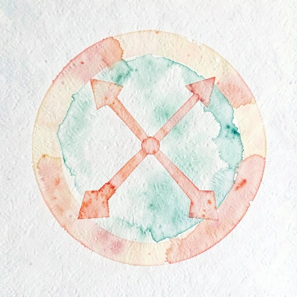 abstract circle with three radiating arrows fanning outward in mint coral and bu