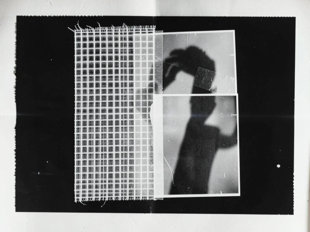 A photogram of fabric netting — grid of transparency, light and dark zones