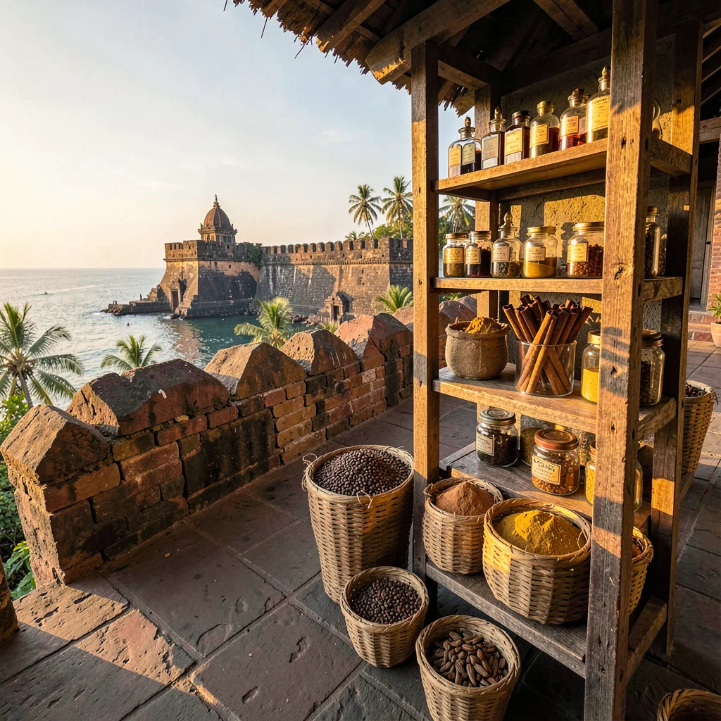 Galle fort golden hour, Dutch colonial tropical, Spice shop display, cinnamon st