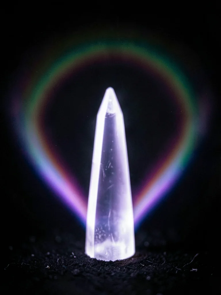 A quartz crystal point, white and violet corona discharge emanating from the ter