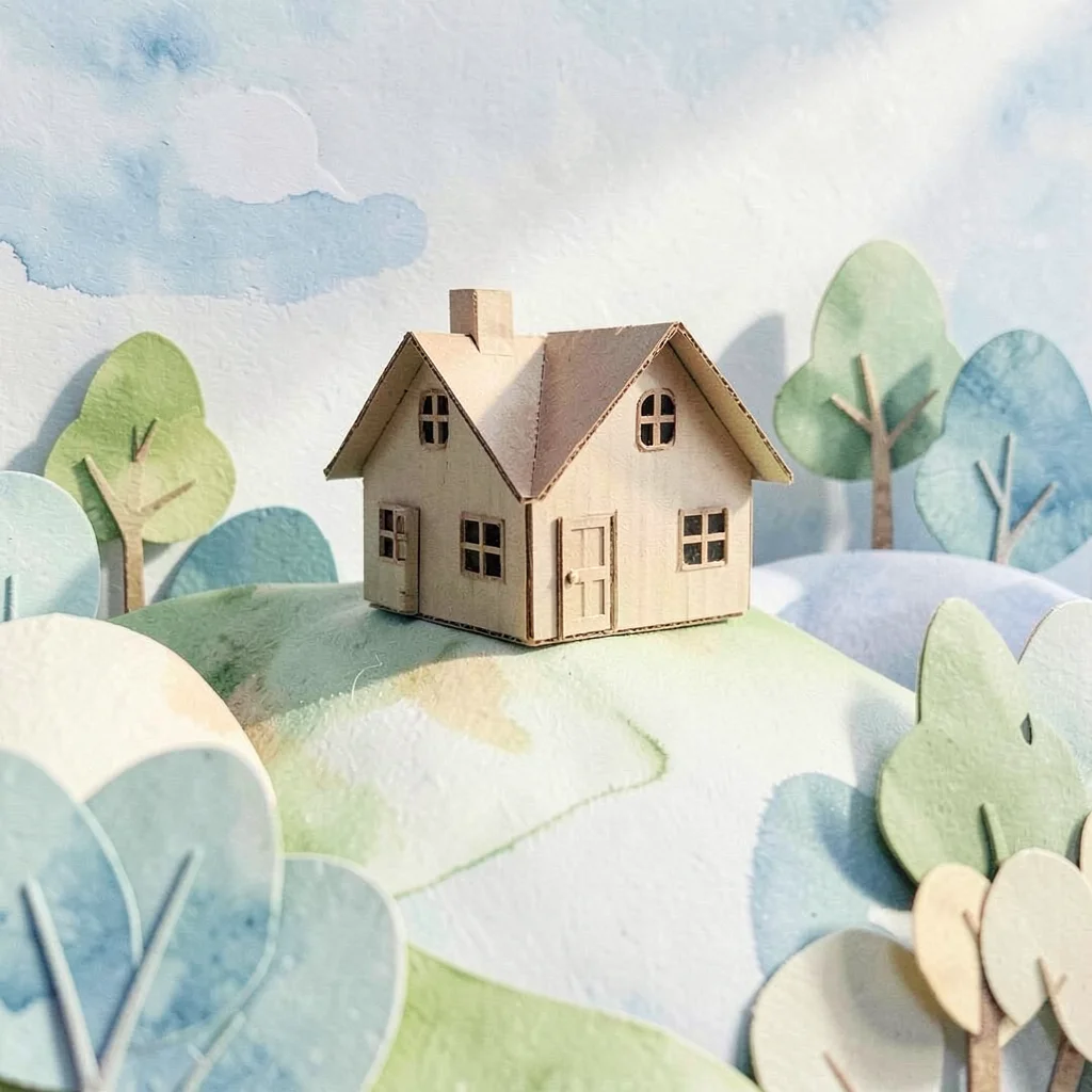 Papercraft scene of a tiny cardboard cottage on a paper-cut hill, gentle directi