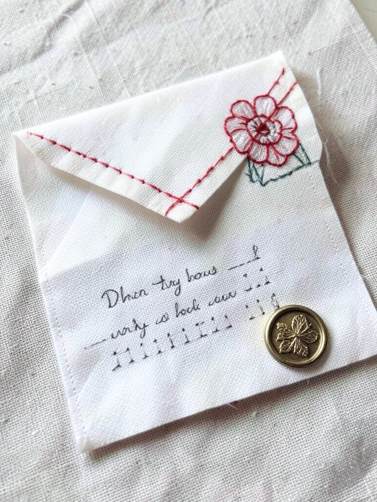 An embroidered envelope on white cotton, the flap stitched closed with a red thr