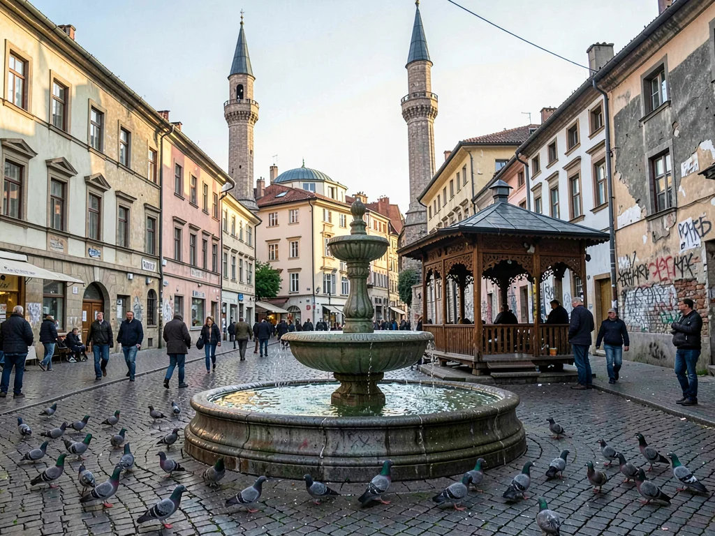 Sebilj fountain with pigeons