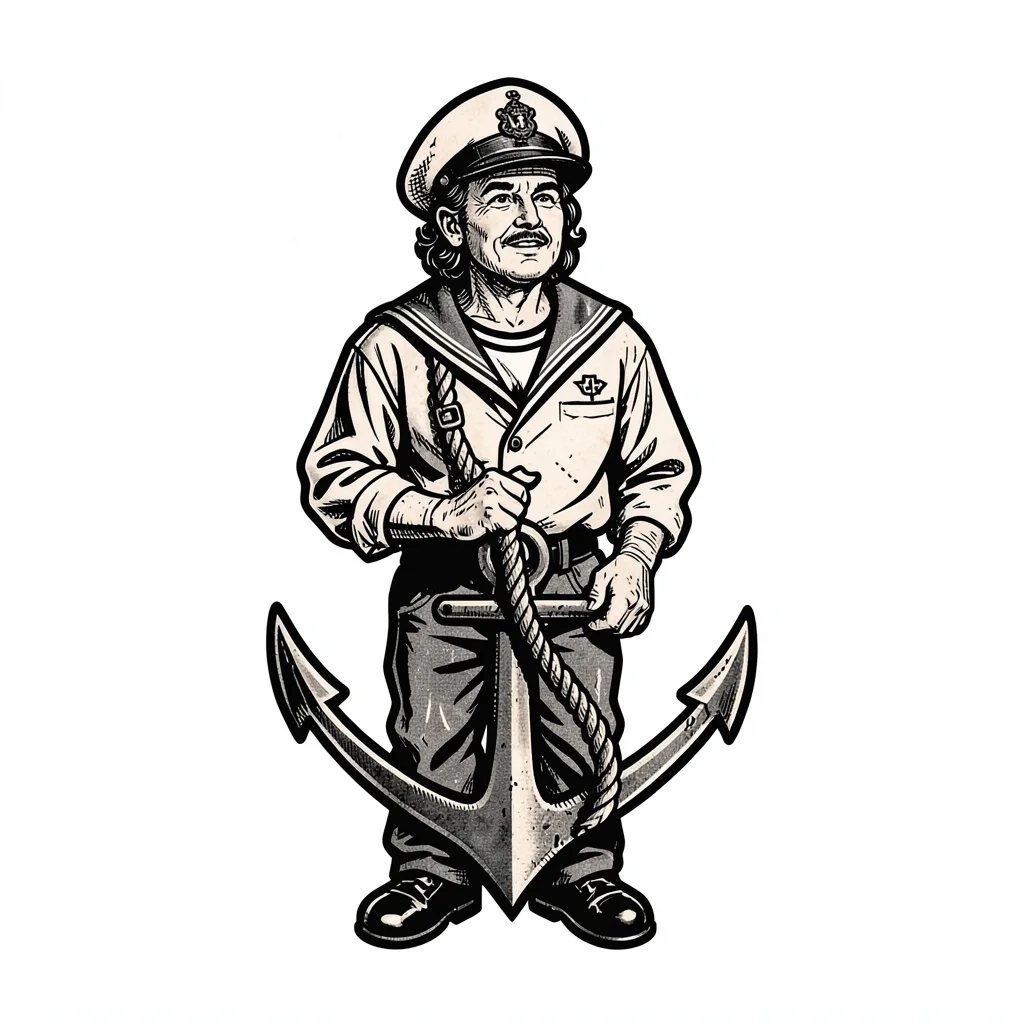 Traditional tattoo flash illustration, Sailor holding rope, anchor tattoo visibl