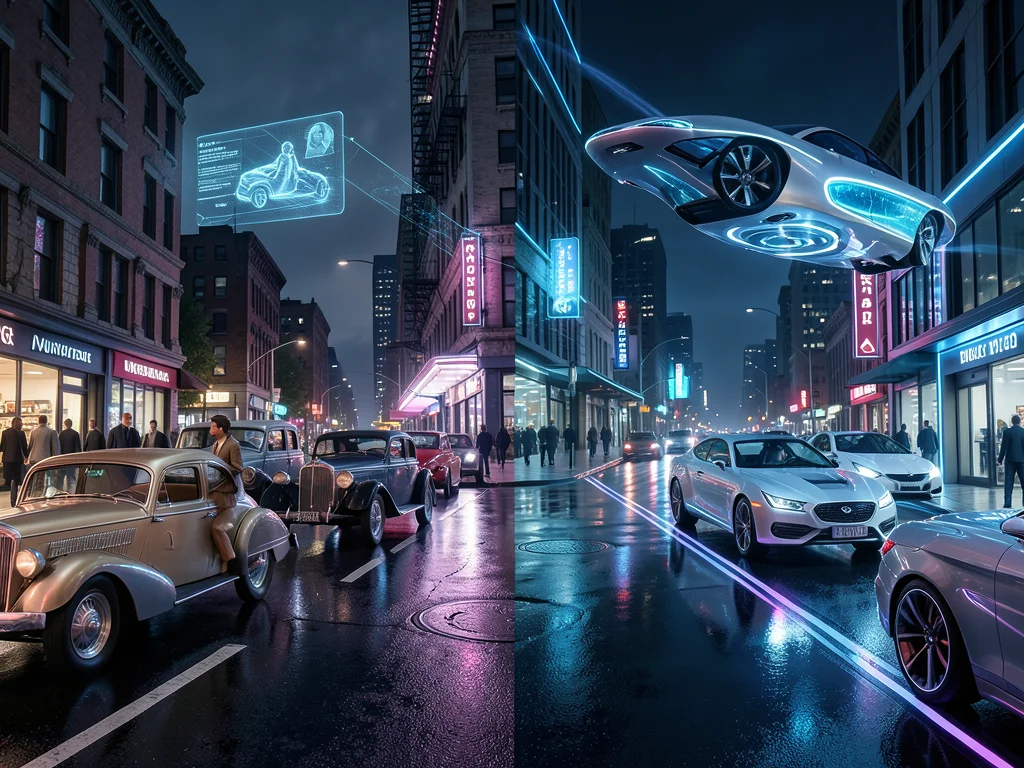 Same street corner — left half 1920s cars and fashion, right half 2120s flying c