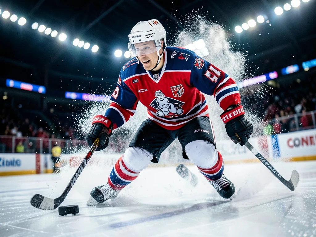 Ice hockey player skating with puck, ice spray, arena lights, motion and speed