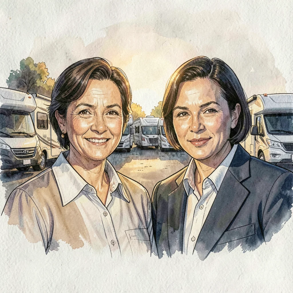 Lamp-line group portrait of two staff members in front of a row of parked RVs