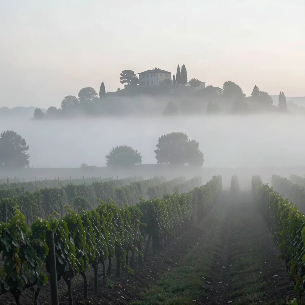 A vineyard in morning fog, the nearest vine rows sharp, the rows behind becoming