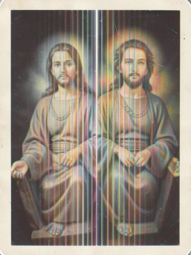 Vintage lenticular religious card, sacred image flickering between two states, d