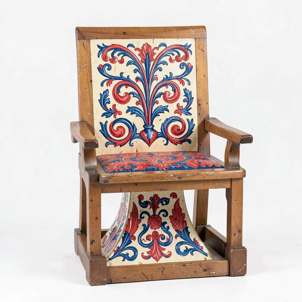 Scandinavian rosemaling illustration, a kubbestol chair back with folk painting 