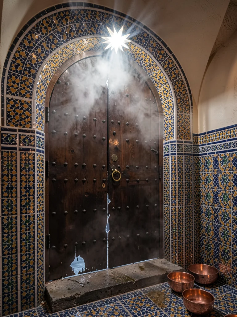 Hammam Entrance Studded Door Zellige Arch