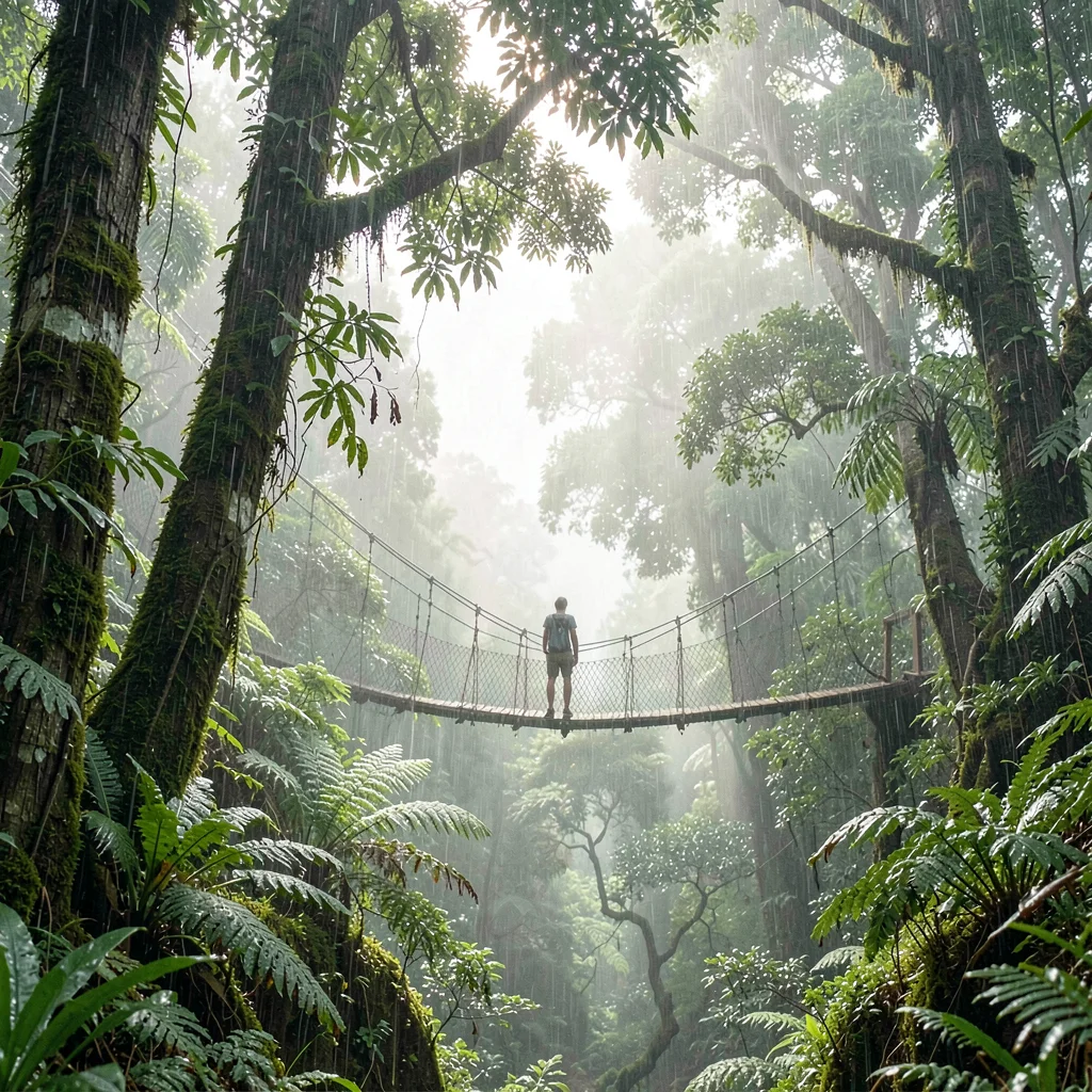 Monteverde cloud forest, filtered canopy light, Suspension bridge disappearing i