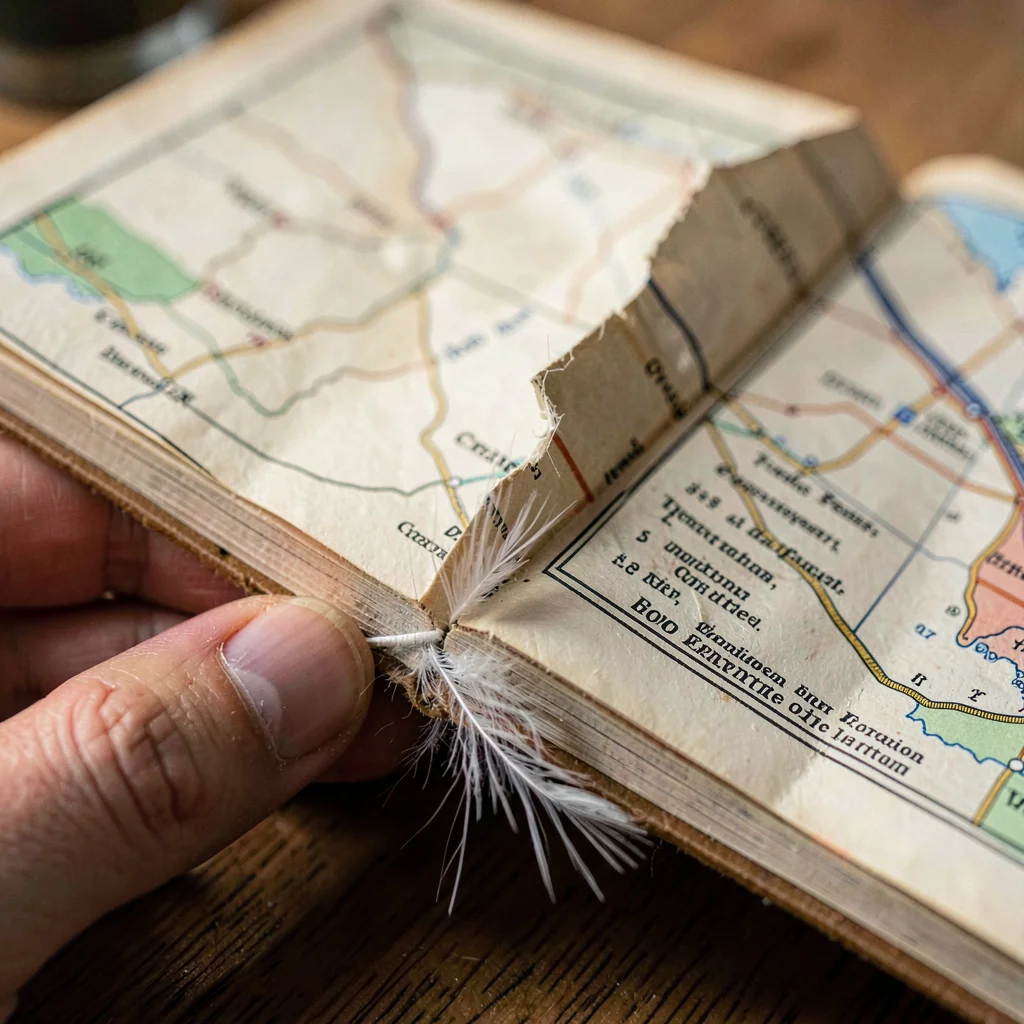 Macro of a hand-bound civic-pamphlet spine cracked open to a folded fold-out map
