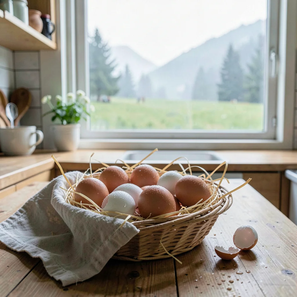 Fresh Alpine atmosphere, gentle pastoral quality, Fresh eggs in straw-lined bask