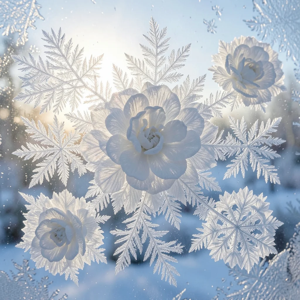 Ice flowers — thick crystalline rosettes like white roses blooming on cold glass