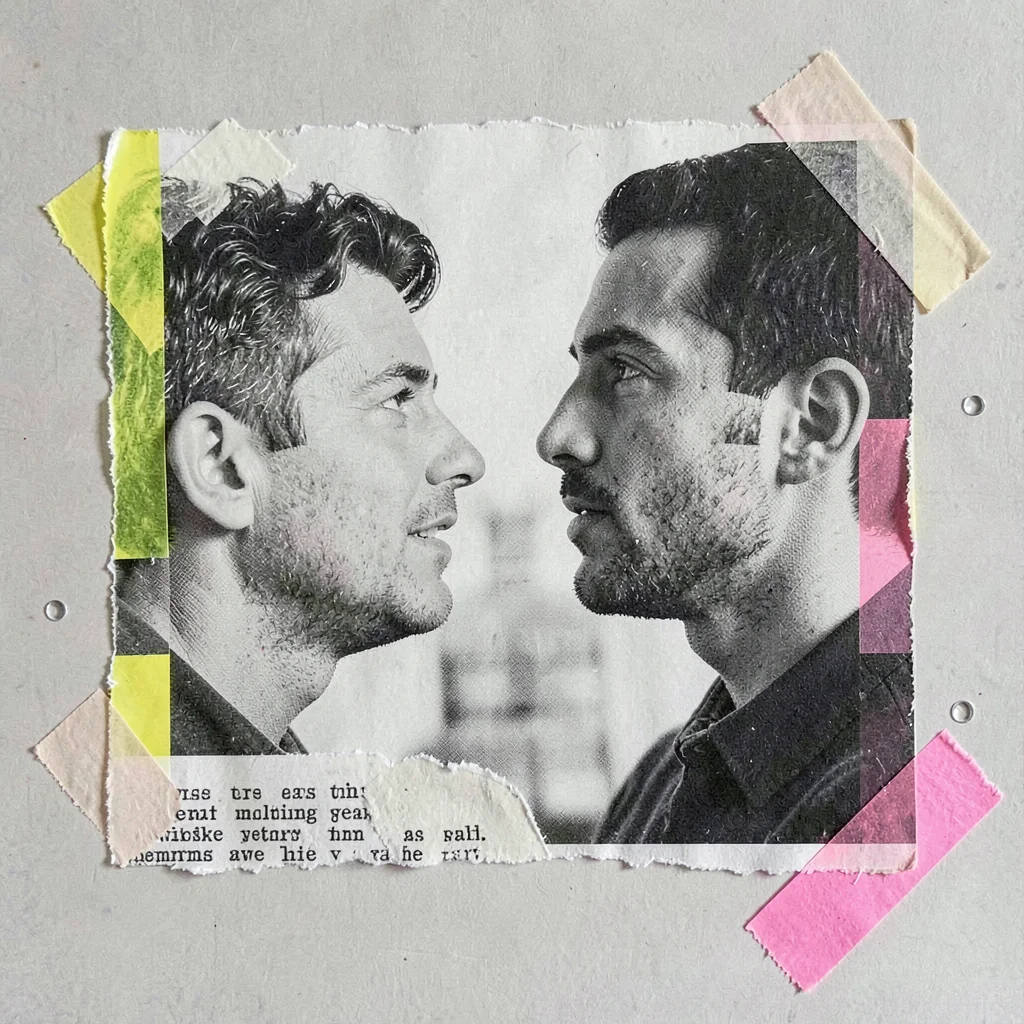 Cut-paper collage of two halftone profiles facing each other in soft conversatio