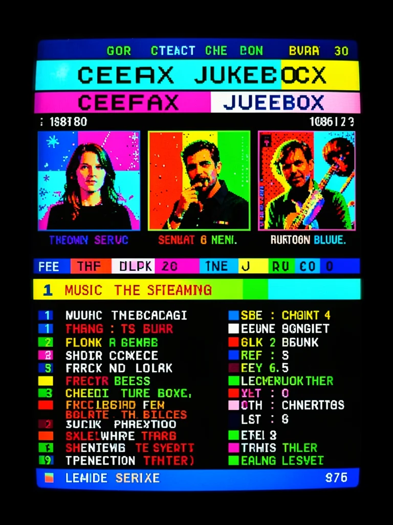 Music streaming as Ceefax jukebox page, album art in 8 colors, track listings