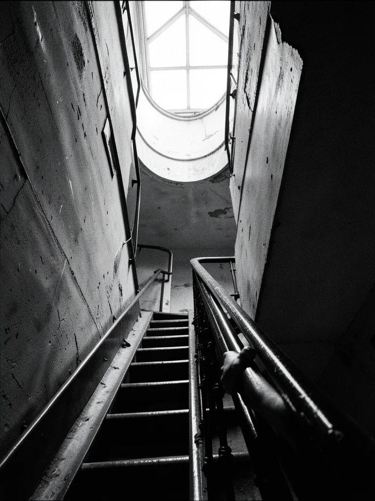 A stairwell in an old building spiraling upward, a hand on the railing, light fr
