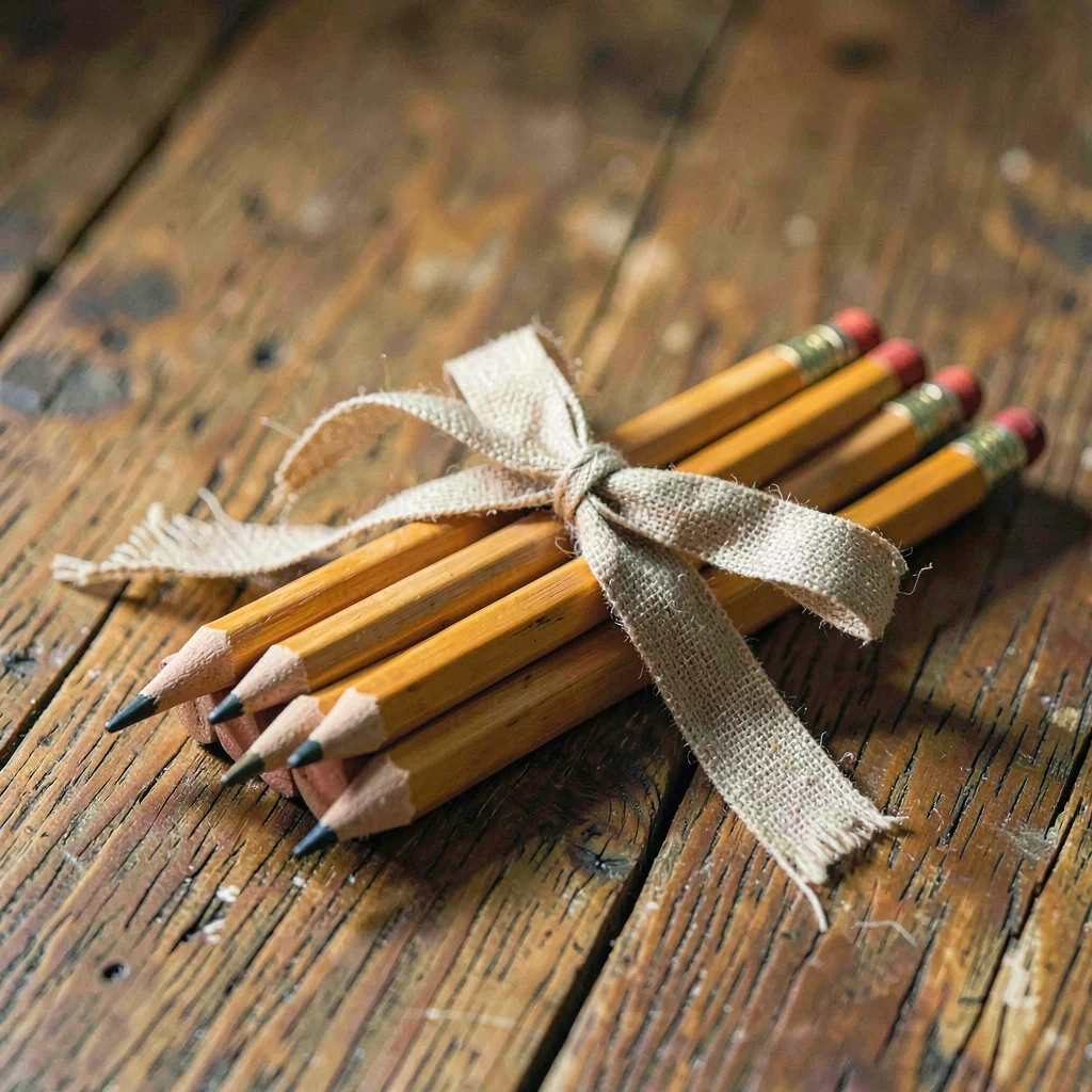 Warm painting of a stack of pencils tied with a linen ribbon on a worn oak surfa