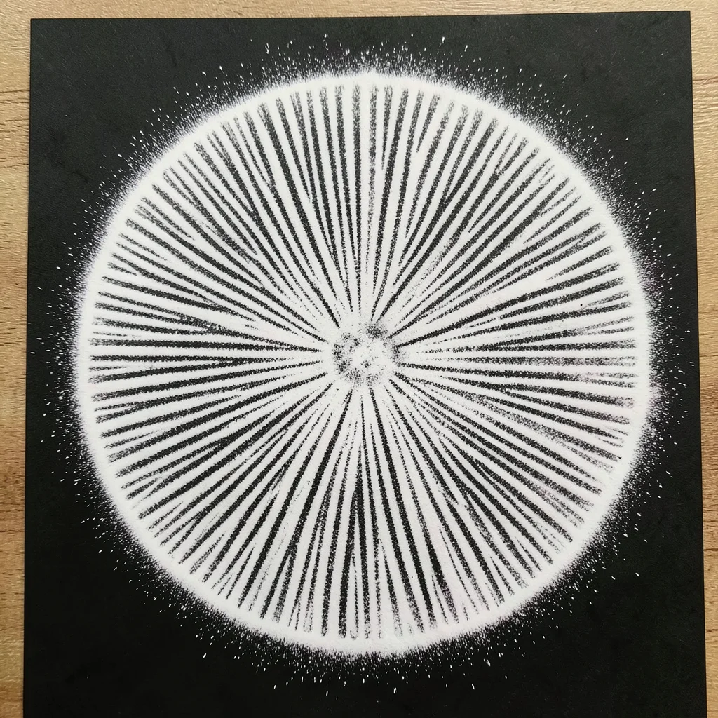 White spore print from a field mushroom on black paper, radial gill pattern perf