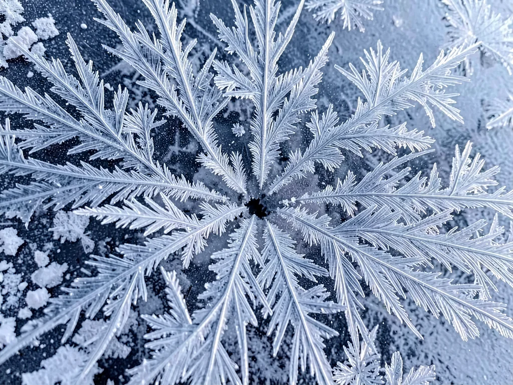 Rime ice coating showing directional growth toward wind source