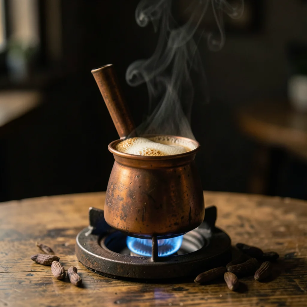 An old copper ibrik on a gas flame, Turkish coffee beginning to foam, cardamom p