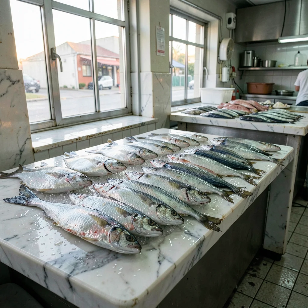 inside a fish market at clear morning, marble counters wet, ranks of silvered fi
