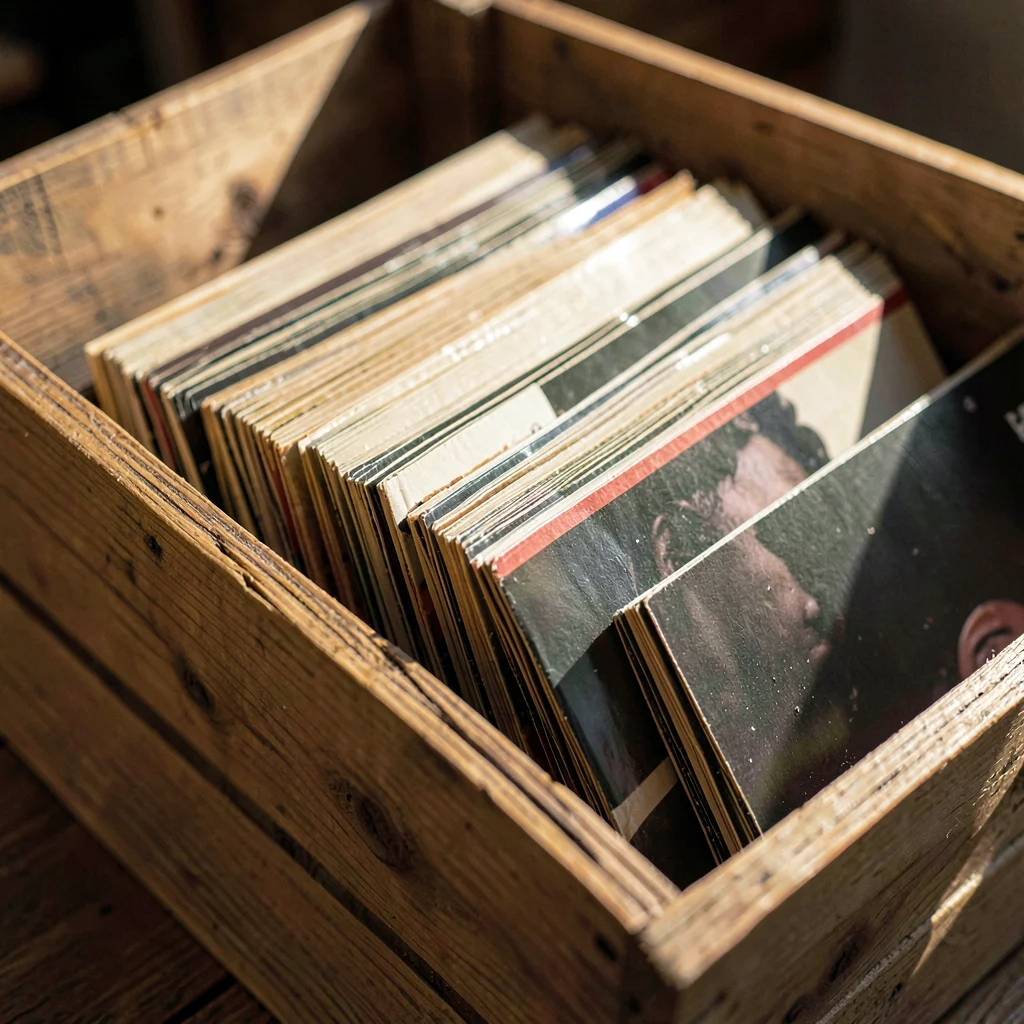 Folded paper composition resembling a row of LP sleeves stacked in a wooden crat