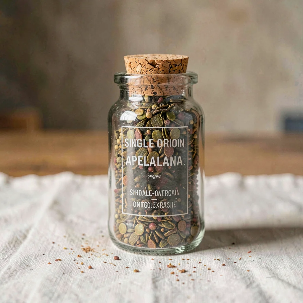 clear glass spice jar of single-origin Aleppo pepper flakes with a cork stopper,