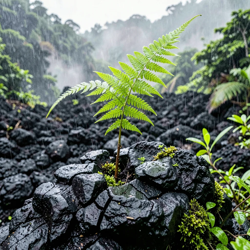 Stark black volcanic surfaces against verdant green, A fern frond unfurling from