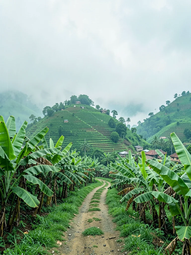 Emerald green hills through morning mist in Kigali, Rwanda, Clean-swept village 